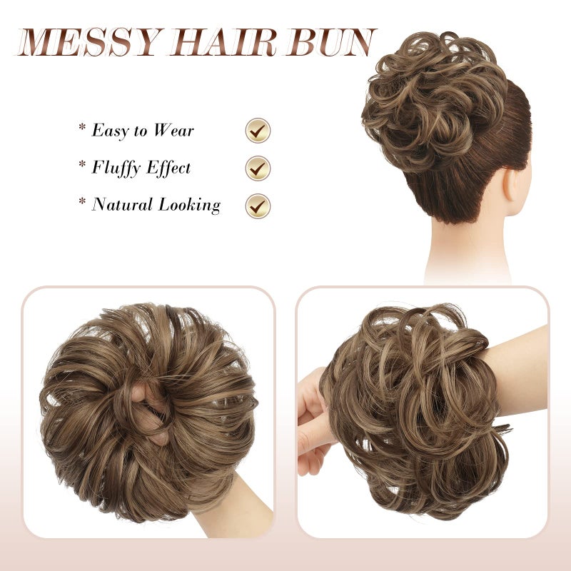 FESHFEN Messy Bun Hair Piece - Elastic Wavy Curly Hair Bun Scrunchies Extensions Synthetic Chignon Hairpieces for Women Girls, Brown Mixed Honey Blonde 1.5 oz - Image 3